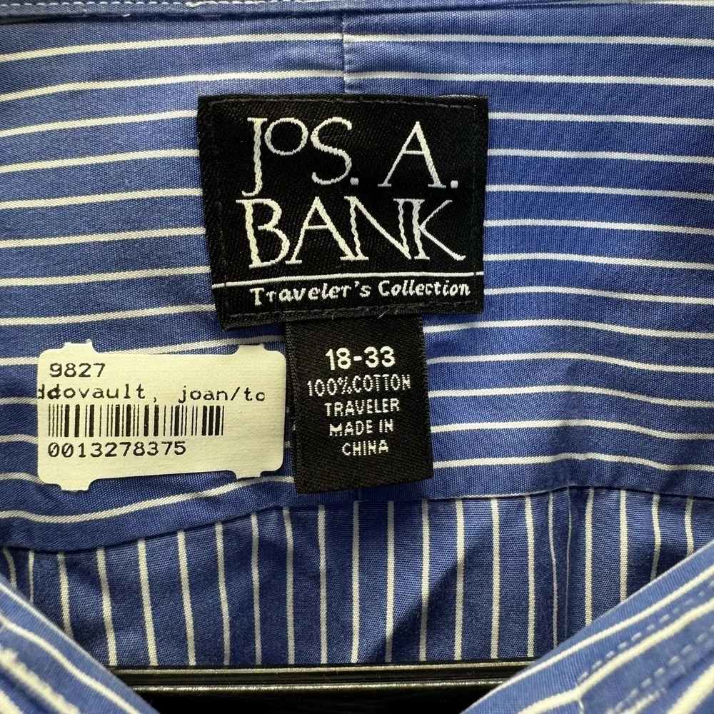 Jos A. Bank Blue & White Striped Travelers Collection Men's‎ 18-33 Button Up